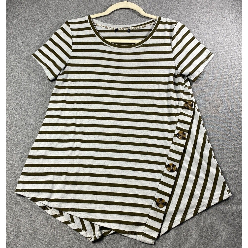 Verve Ami Women's Ivory & Green Striped Short Sleeve Shirt Sz S/M